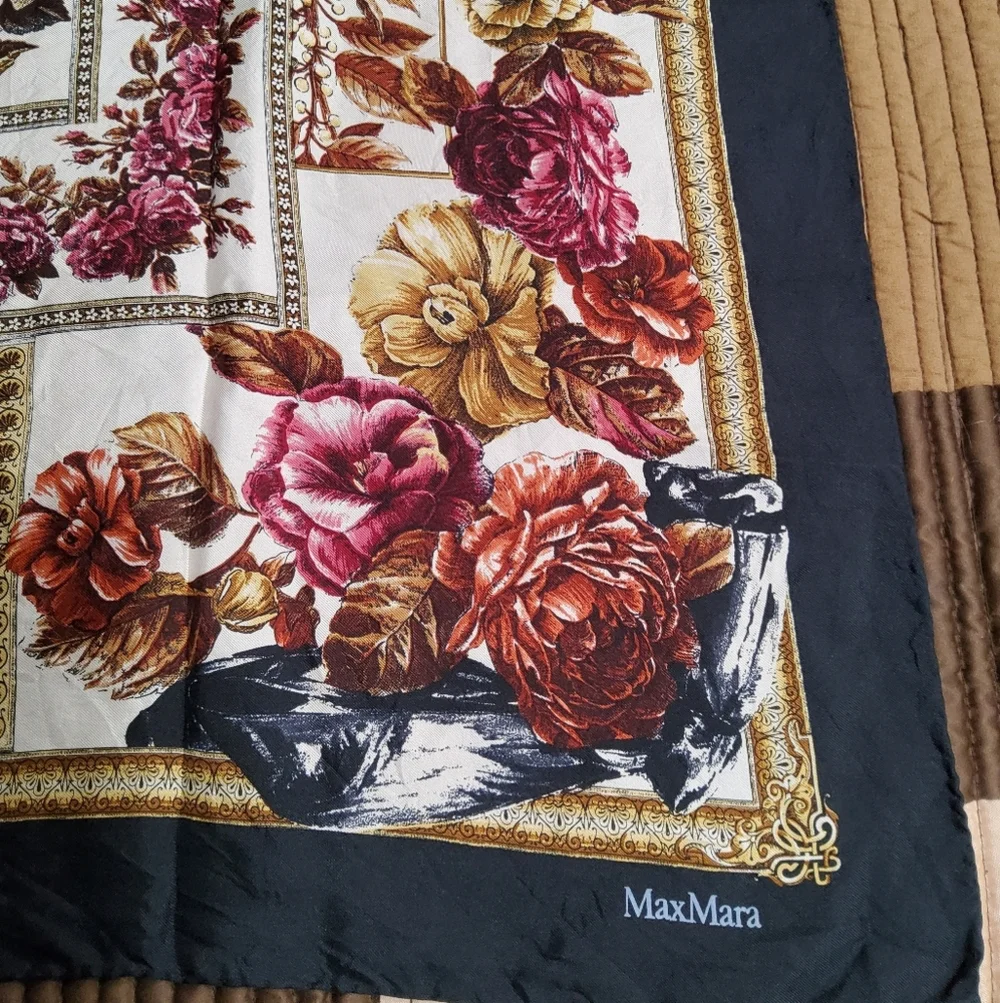 MaxMara Floral Silk Scarf in Black and Gold